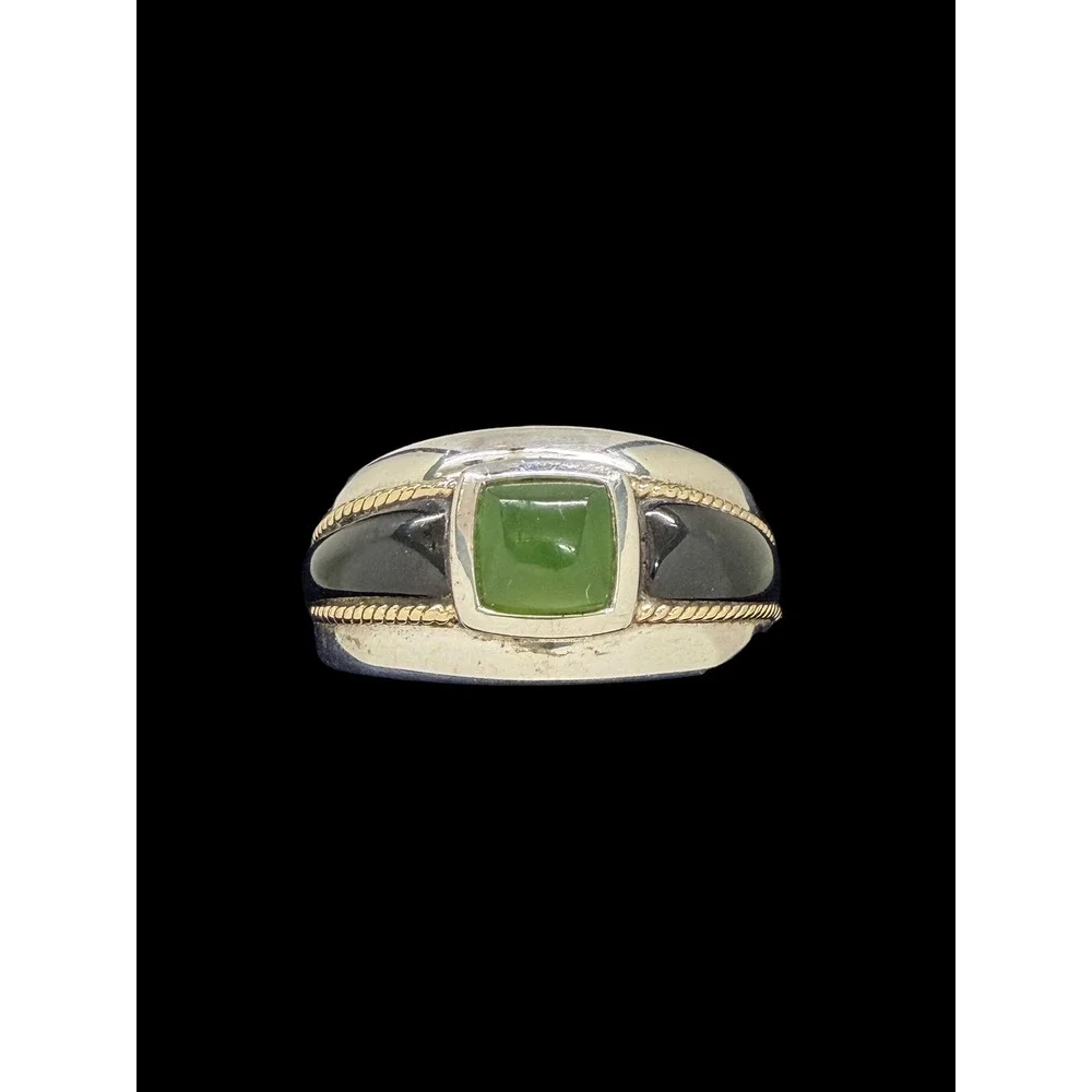 Mens 925 Sterling Silver 14K Gold Green Jade Black Onyx Ring Size 10 7.85g